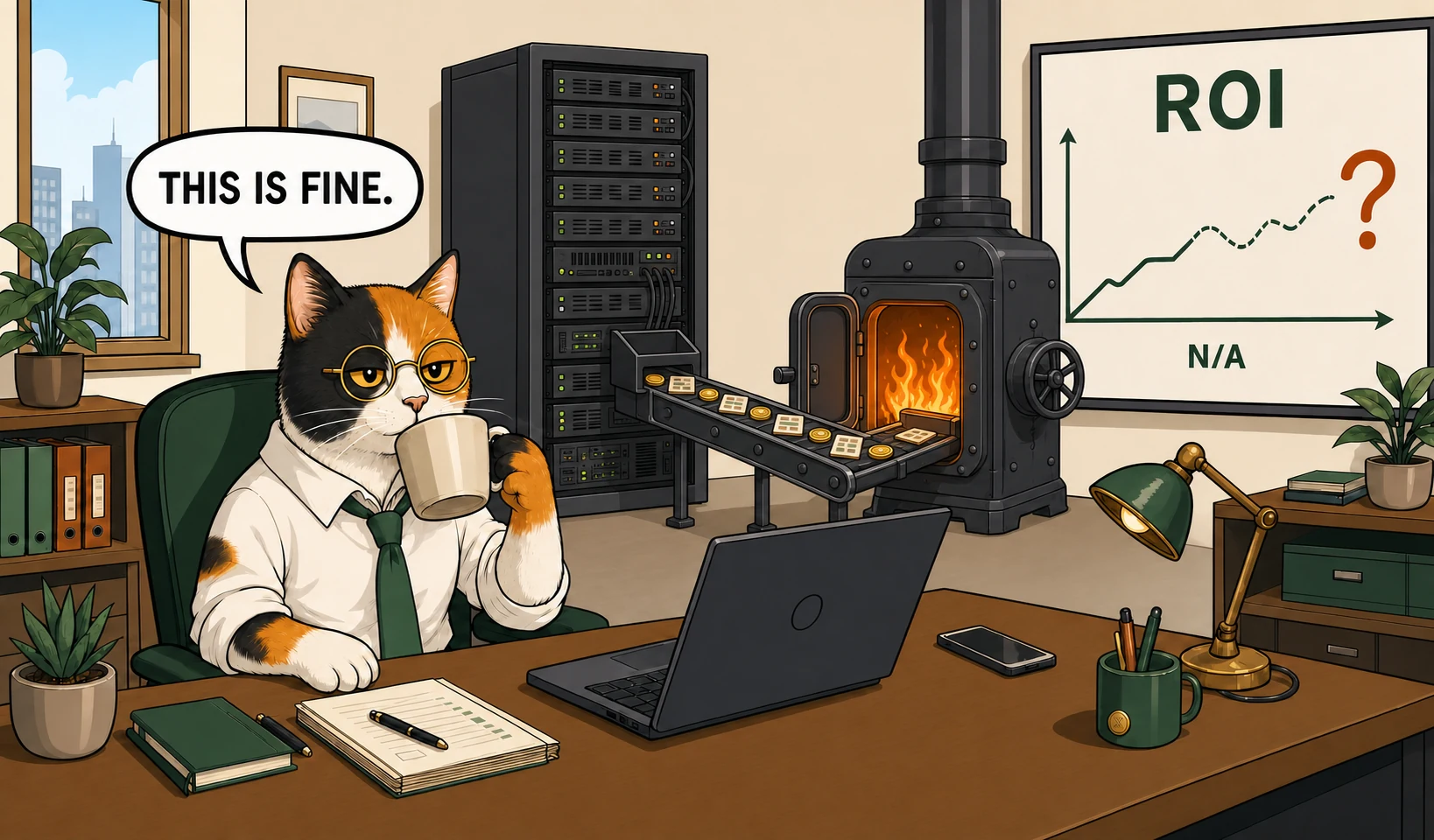 一隻三花貓淡定喝咖啡說 This is fine,伺服器將 Token 送入火爐,牆上 ROI 圖表以問號與 N/A 收尾